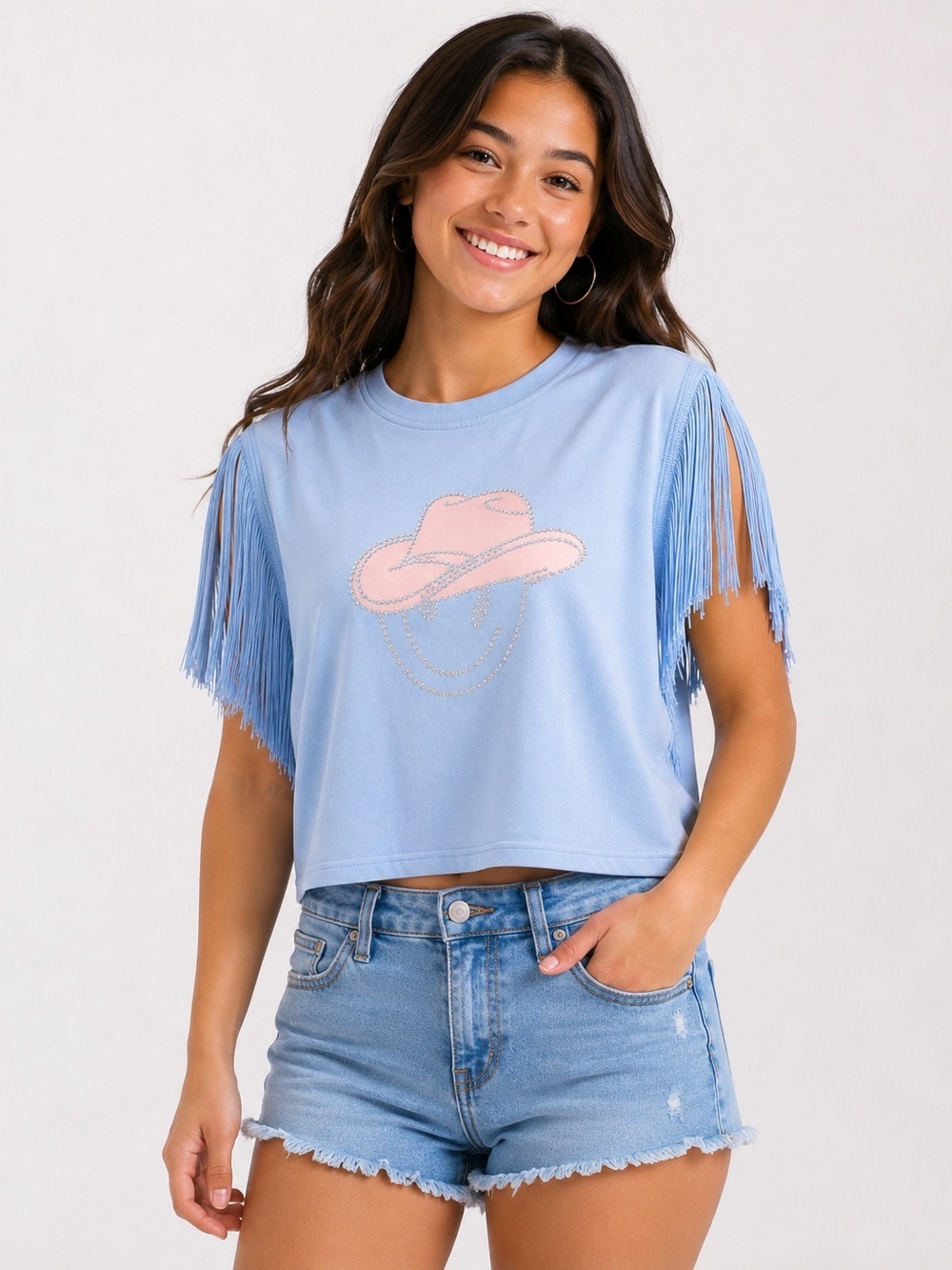 ICE BLUE WOMEN'S SHORT FRINGE SLEEVE CROP TOP GRAPHIC SHIRT SZ-Medium